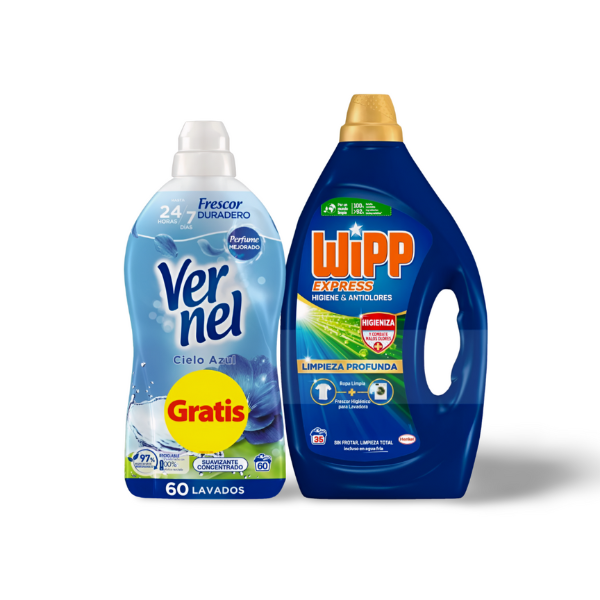 Wipp Express detergente antiolores 35D + Vernel suavizante Cielo Azul 60D